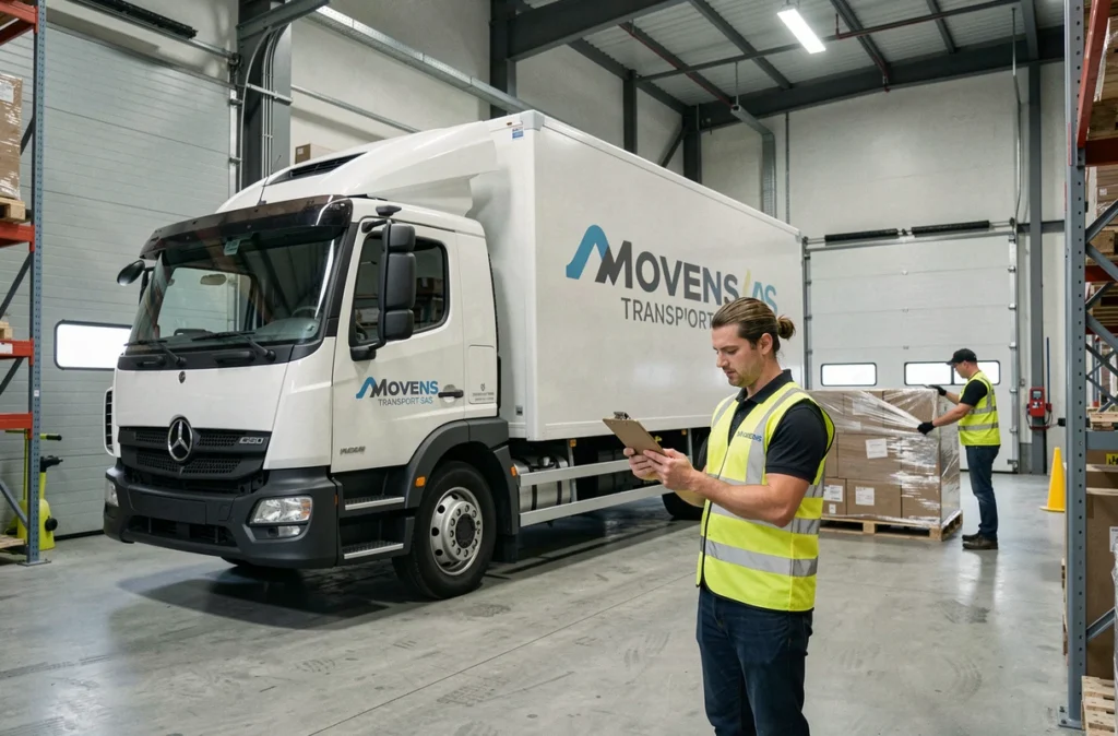 Coordinateur Movens Transport SAS dans un dépôt logistique avec camion de transport dans la Nièvre