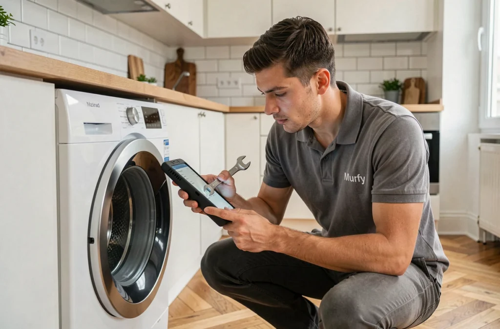 Technicien Murfy diagnostiquant une machine à laver dans un appartement parisien moderne