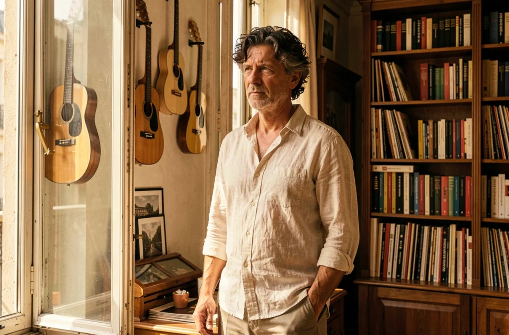 Musicien français contemplatif dans un appartement parisien bohème avec guitares vintage et disques vinyles au mur