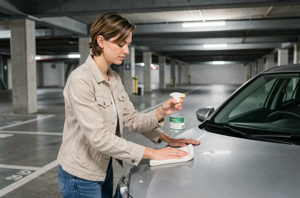 Femme réalisant un nettoyage voiture sans eau dans un parking souterrain urbain avec produit écologique