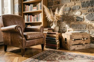 Coin salon décoré avec des objets chinés vintage, fauteuil en cuir usé, vase céramique et caisse en bois ancienne sur parquet en chevrons