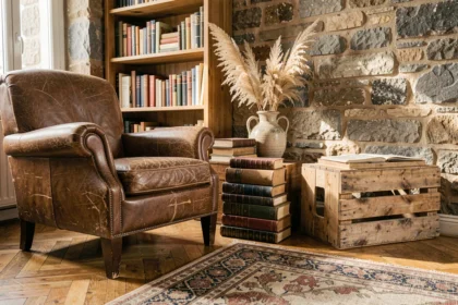 Coin salon décoré avec des objets chinés vintage, fauteuil en cuir usé, vase céramique et caisse en bois ancienne sur parquet en chevrons