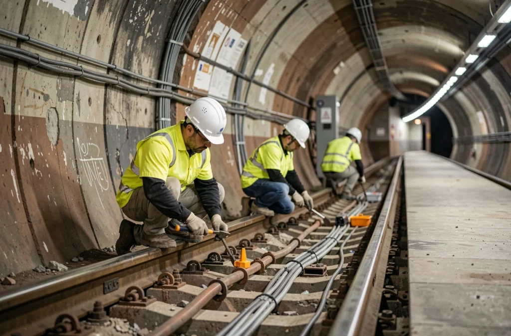 Ouvriers en train d'effectuer des travaux de rénovation dans un tunnel du métro parisien ligne 4
