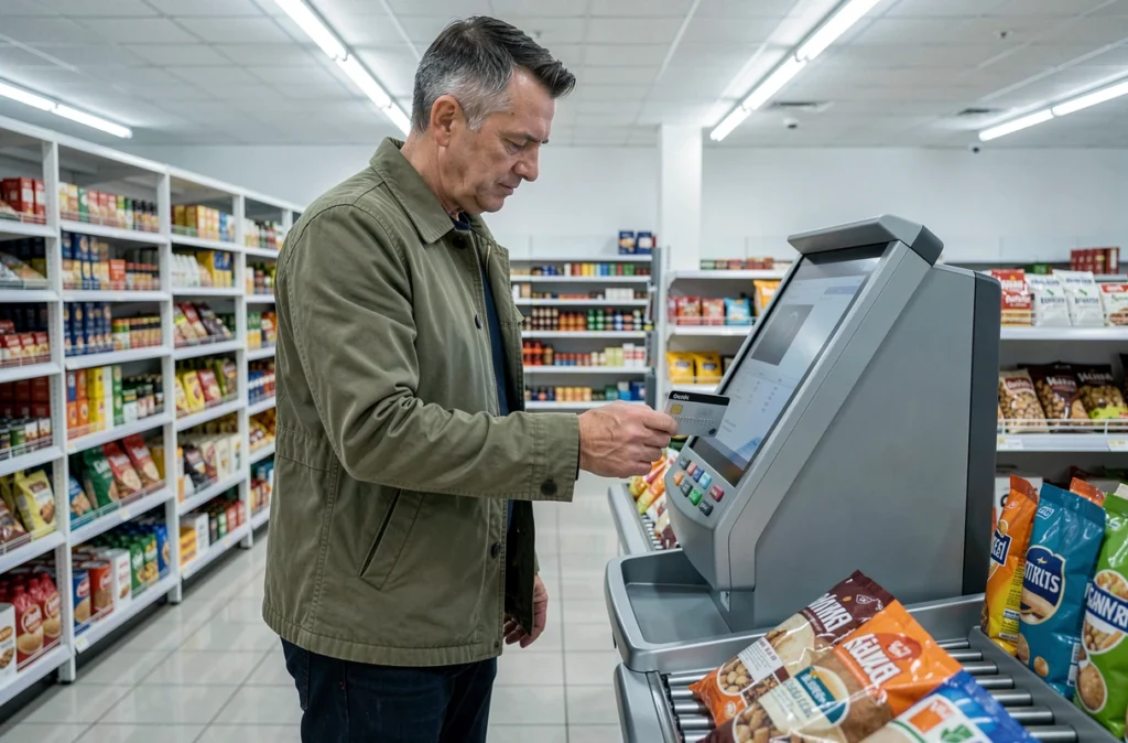 Homme effectuant un paiement par carte bancaire sans contact à une caisse automatique de supermarché