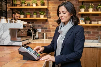 Femme payant sans contact avec son smartphone dans un café moderne, illustrant l'évolution des habitudes de paiement numérique