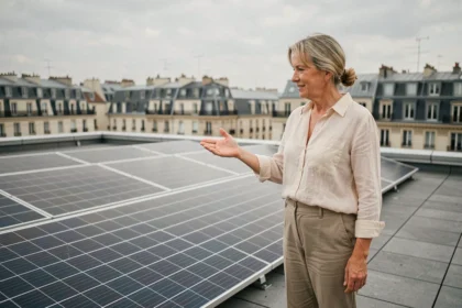 Résidente d'une copropriété parisienne présentant des panneaux solaires installés sur le toit d'un immeuble collectif pour réduire les charges énergétiques