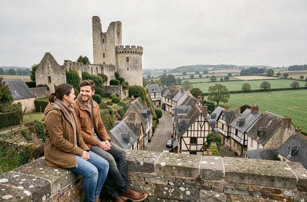 Couple admirant le panorama du château médiéval de Domfront et le bocage normand dans l'Orne