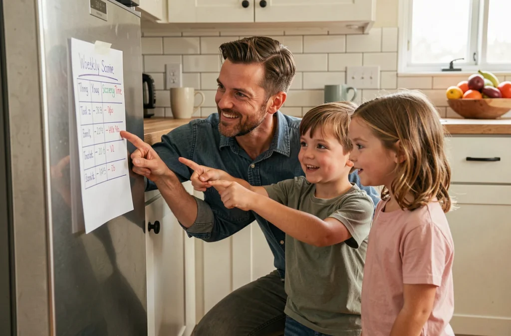 Père et ses deux enfants établissant ensemble un planning de temps d'écran affiché sur le réfrigérateur