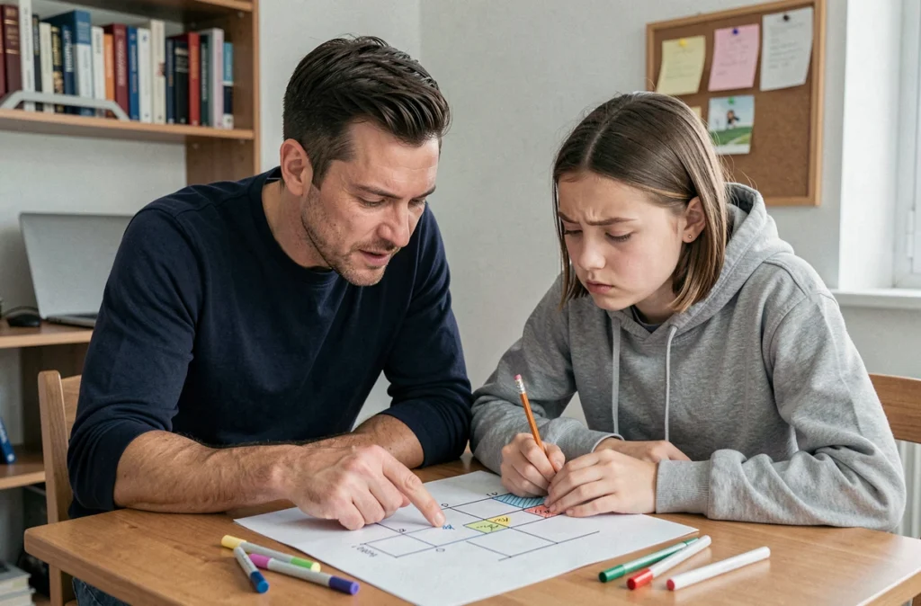 Père et fille adolescente élaborant ensemble un budget familial sur papier dans un bureau à domicile