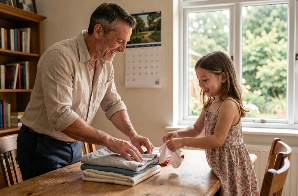 Père et fille qui plient le linge ensemble à la maison, illustrant le partage intergénérationnel des tâches ménagères