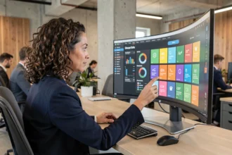 Femme personnalisant un tableau de bord numérique sur un écran incurvé dans un bureau moderne