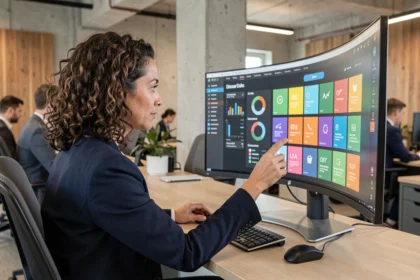 Femme personnalisant un tableau de bord numérique sur un écran incurvé dans un bureau moderne