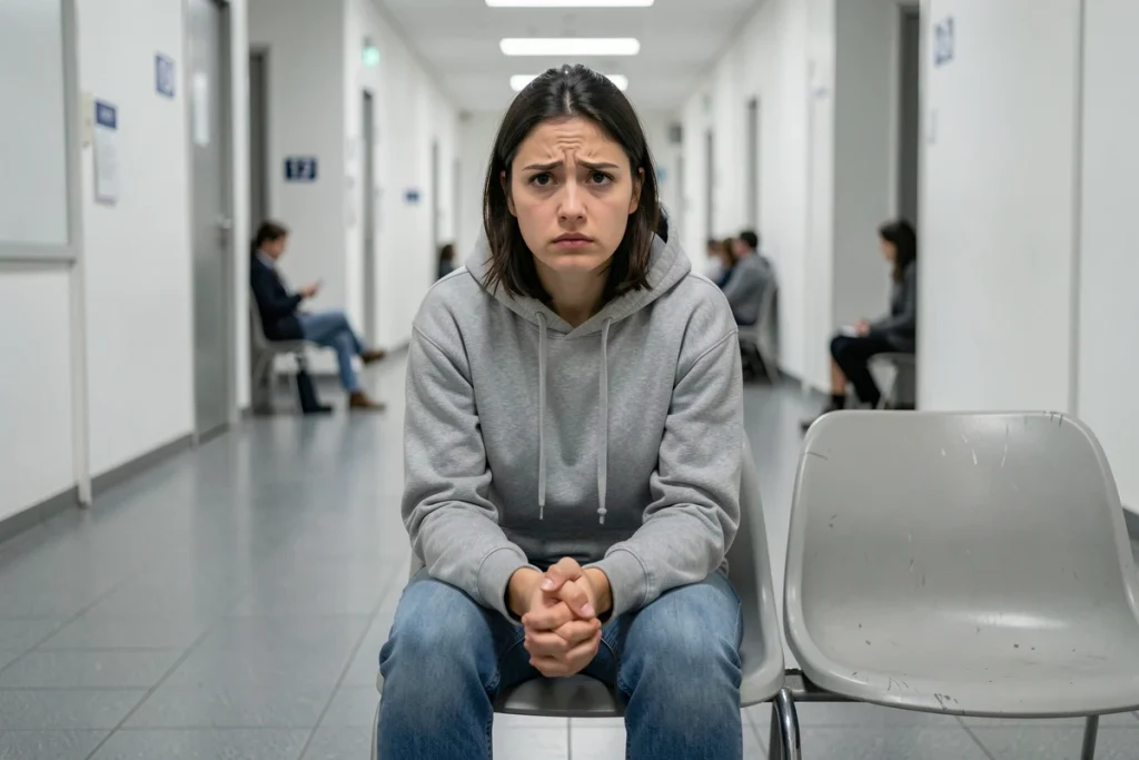 Jeune femme anxieuse assise dans le couloir d'un tribunal français en attente de son audience pour une affaire de vol à l'étalage