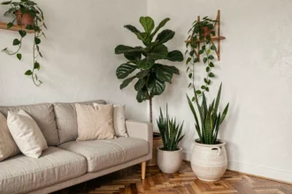 Coin salon décoré de plantes d'intérieur variées dont un figuier lyre et un pothos sur étagère en bois