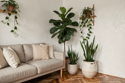 Coin salon décoré de plantes d'intérieur variées dont un figuier lyre et un pothos sur étagère en bois