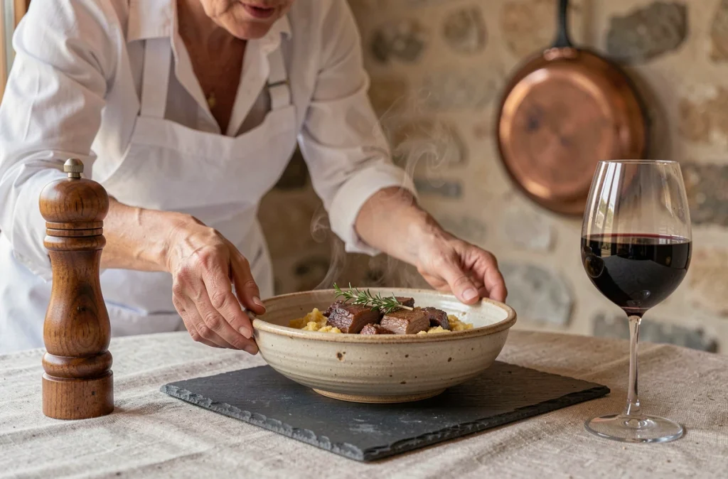 Chef posant un plat de cassoulet gascon fumant sur une table de restaurant à Eauze dans le Gers
