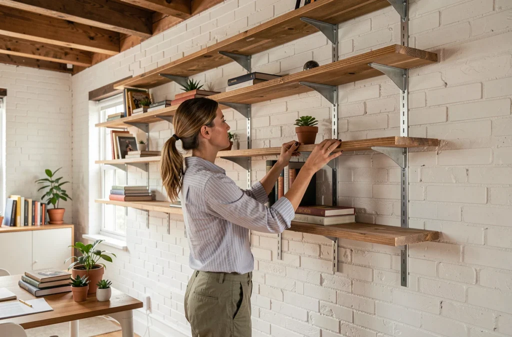 Femme posant des planches en bois sur des équerres métalliques pour assembler une étagère murale modulable dans un bureau à domicile