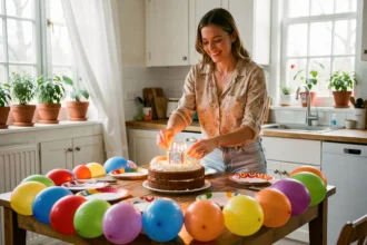 Maman décorant un gâteau d'anniversaire fait maison dans une cuisine conviviale pour la fête de son enfant
