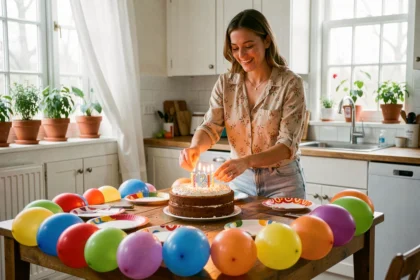 Maman décorant un gâteau d'anniversaire fait maison dans une cuisine conviviale pour la fête de son enfant