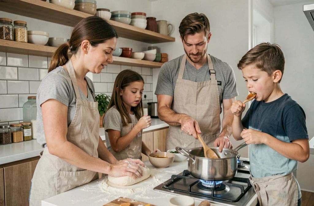 Parents et enfants qui cuisinent ensemble un repas familial du dimanche dans une cuisine moderne et conviviale