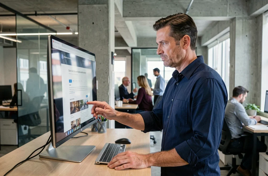 Professionnel analysant les fonctionnalités et limites du site Kaliscan dans un open space moderne