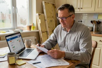 Propriétaire étudiant ses documents fiscaux pour une rénovation énergétique à domicile