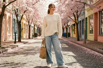 Femme en pull oversize en maille crème et jean large marchant dans une rue pavée printanière avec des cerisiers en fleurs