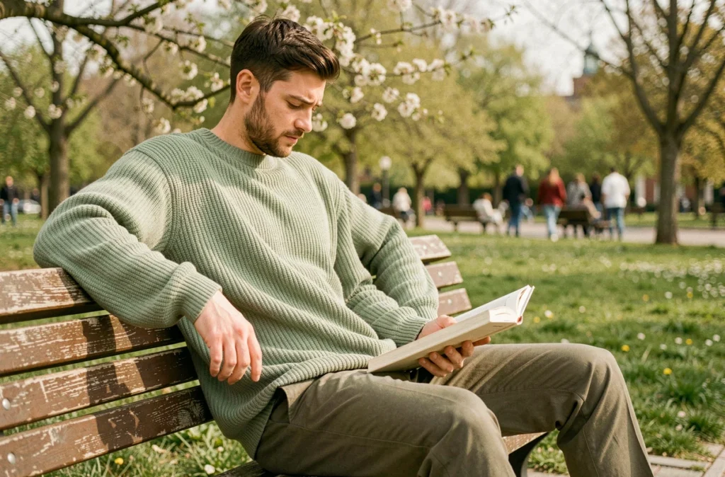Homme en pull oversize vert sauge en maille côtelée assis sur un banc dans un parc au printemps lisant un livre