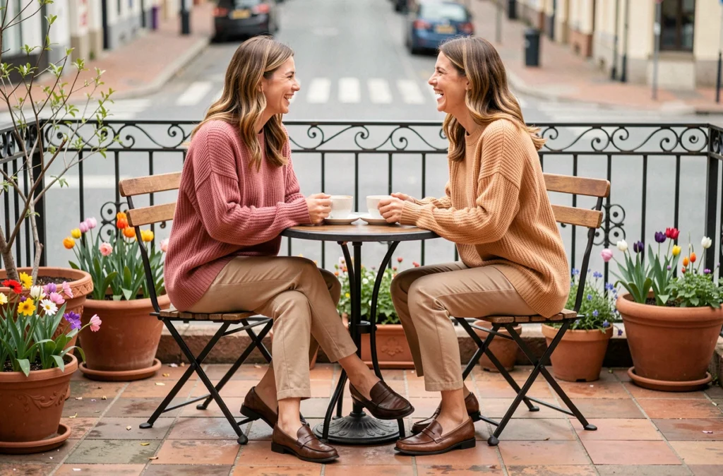 Deux femmes en pulls oversize en maille rose et camel attablées à la terrasse d'un bistro au printemps partageant un café