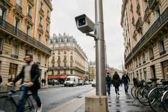 Radar urbain fixé sur un poteau métallique dans une rue parisienne animée avec immeubles haussmanniens en arrière-plan