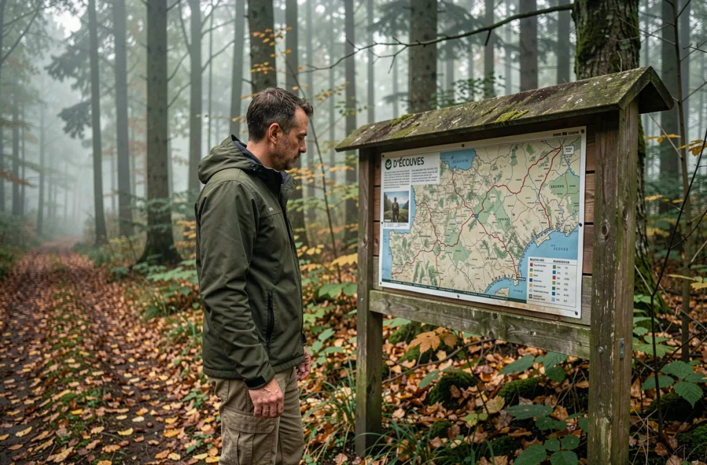 Randonneur consultant un panneau de sentier touristique dans la Forêt d'Écouves dans l'Orne