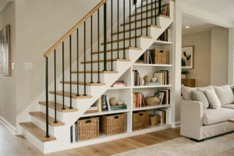 Rangement sous escalier moderne avec étagères blanches intégrées et paniers en osier dans un salon contemporain