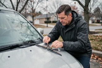 Homme remplaçant un balai d'essuie-glace sur une voiture sous la pluie en hiver