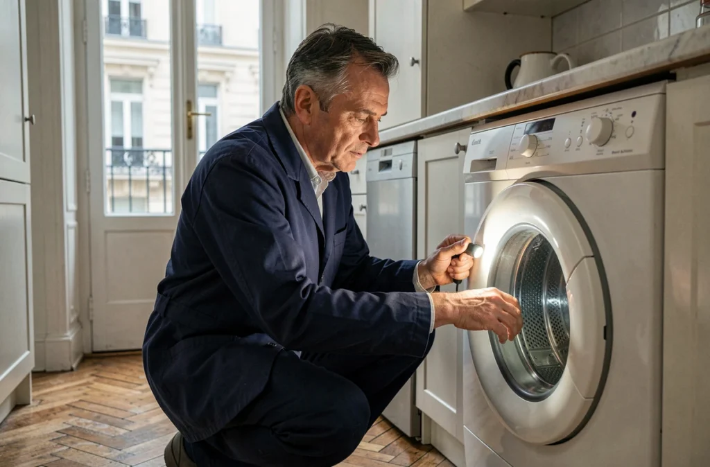 Technicien réparateur d'appareils ménagers inspectant une machine à laver dans le 10e arrondissement de Paris