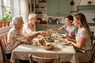 Famille multigénérationnelle autour d'un repas partagé le week-end, grand-mère servant un plat à table avec sourires naturels