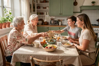 Famille multigénérationnelle autour d'un repas partagé le week-end, grand-mère servant un plat à table avec sourires naturels
