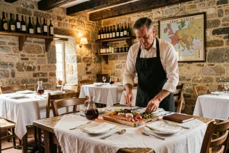 Intérieur d'un restaurant gascon traditionnel à Eauze avec table dressée et plateau de charcuterie régionale
