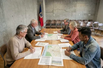 Réunion citoyenne de budget participatif dans une salle municipale française avec des habitants autour d'une table couverte de documents et de cartes