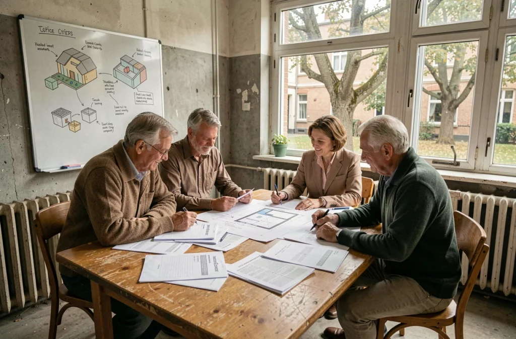 Réunion de copropriétaires autour d'un projet de rénovation énergétique collective avec plans et documents d'audit posés sur une table en bois