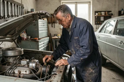 Mécanicien inspectant le moteur d'un véhicule ancien lors d'une révision annuelle dans un garage traditionnel
