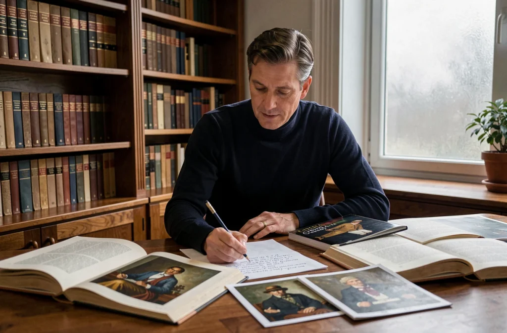 Homme consultant des livres d'histoire de l'art sur le réalisme artistique à un bureau d'étude encombré de références