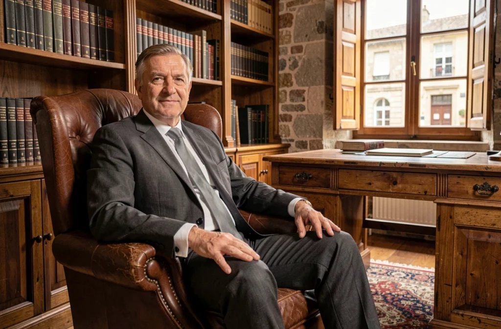 Avocat expérimenté en costume anthracite assis dans un fauteuil en cuir dans un bureau traditionnel à Nérac avec des murs en pierre apparente