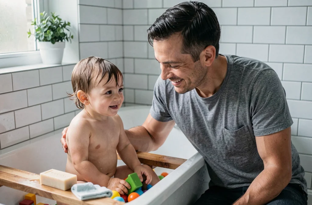Père donnant le bain à son tout-petit dans la salle de bain comme partie de la routine familiale apaisante du soir