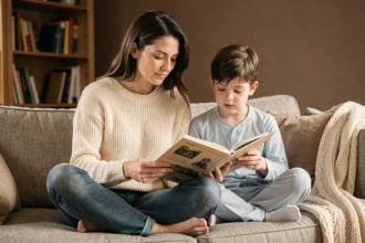 Mère et fils lisant ensemble un livre illustré sur le canapé pendant la routine du soir en famille