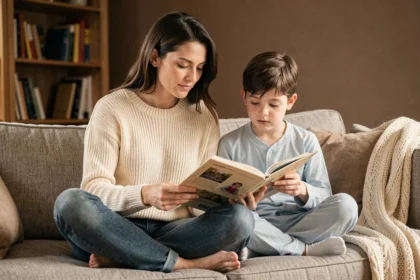 Mère et fils lisant ensemble un livre illustré sur le canapé pendant la routine du soir en famille