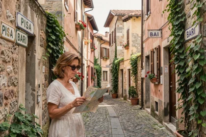 Femme consultant une carte dans une ruelle historique italienne avec des panneaux de noms de villes à quatre lettres