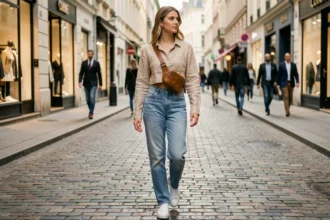 Jeune femme portant un sac banane en cuir beige en bandoulière dans une rue urbaine européenne