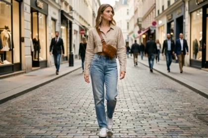 Jeune femme portant un sac banane en cuir beige en bandoulière dans une rue urbaine européenne