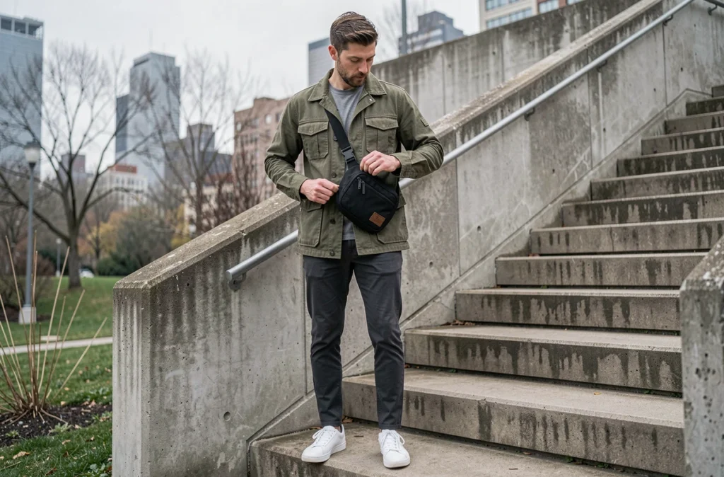 Homme en veste utility portant un sac banane noir en nylon autour de la taille dans un parc urbain