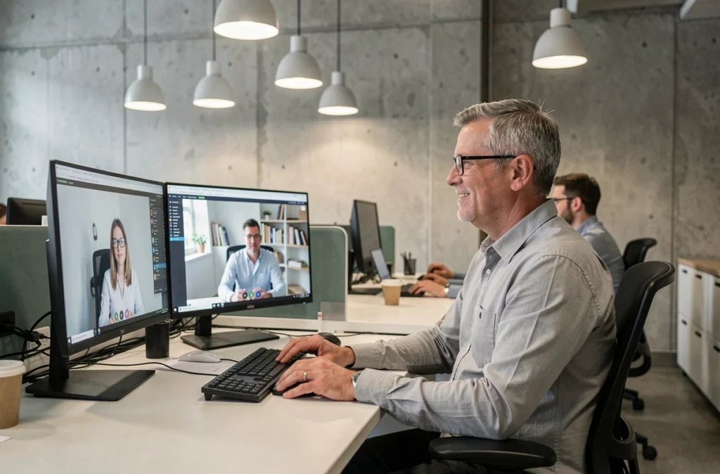 Salarié en réunion vidéo dans un bureau de PME française en mode hybride télétravail et présentiel